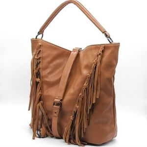 New Joplin Vegan Leather Tassel Fringe Hobo Tote With Post Studded Length Strap